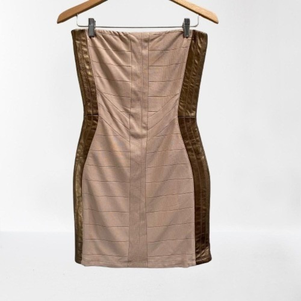 NEW Sky Bodycon Leather‎ Trim Strapless Mini Dress Beige Tan Large